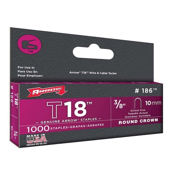 Arrow Fastener Heavy Duty Staples, 18 ga, Round Crown, 3/8 in Leg L, Steel 186 - main